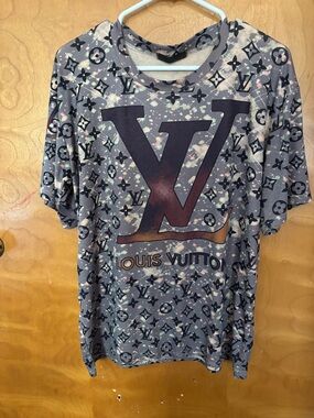 Louis Vuitton Gray Tee with Pink and Cream Accents